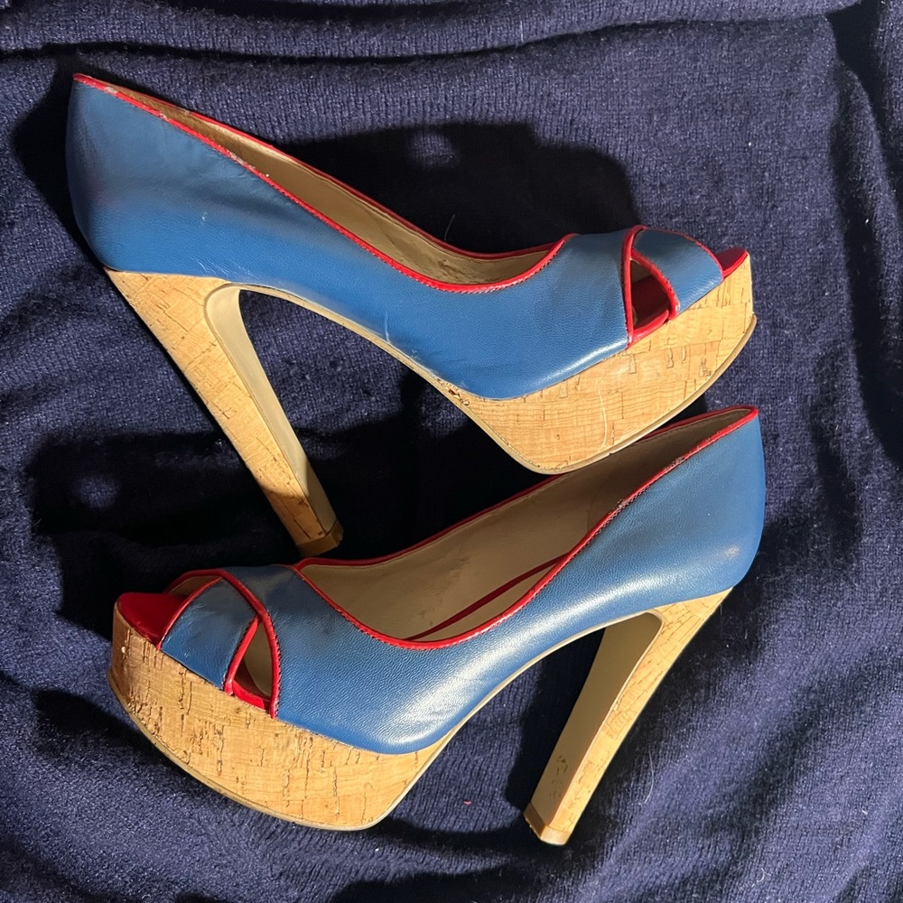 Leather Blue and Red Platform Heels